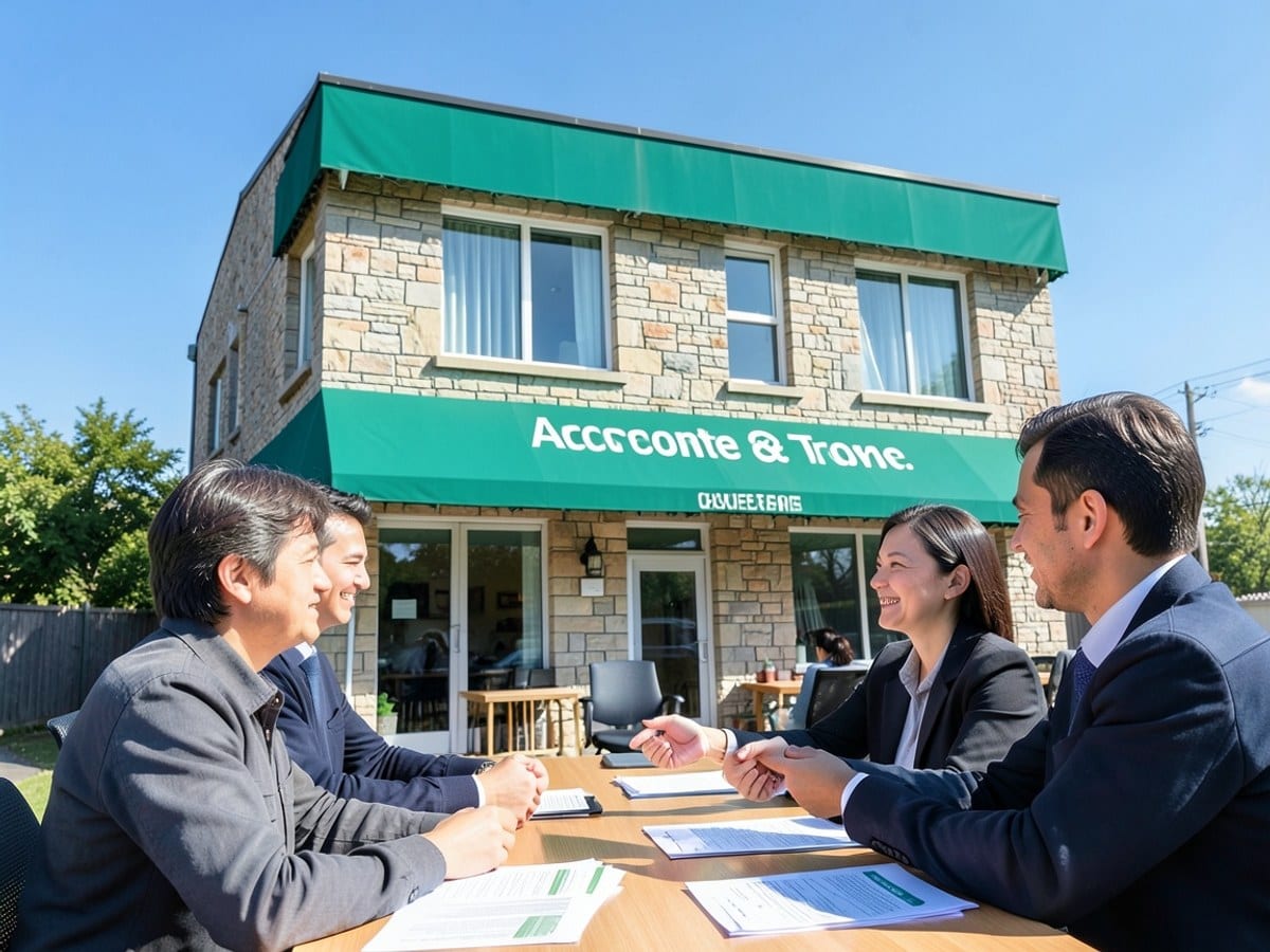 two-story building with a stone facade and green awning, with the client's branding in white letters, stands against a clear blue sky.
