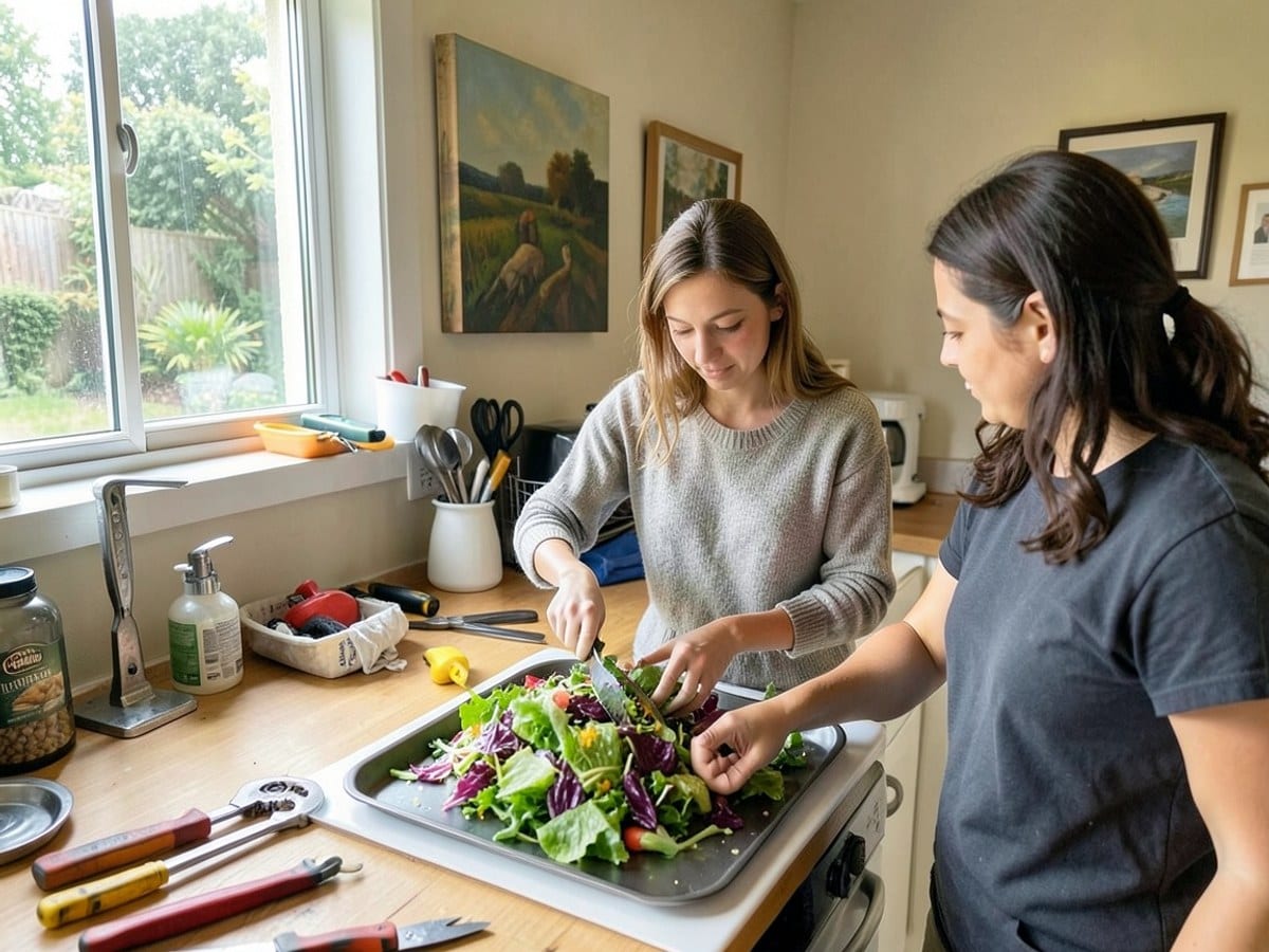 young woman, dressed casually, prepares a vibrant salad in a cozy kitchen, surrounded by natural light, a painting, and a friend.