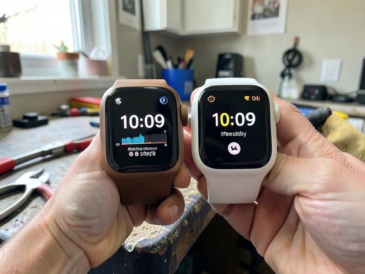 Two Apple Watch models, one with a brown band and the other with a white band, display different information: the brown one shows 10:09, readiness, 8 steps, and minute history, while the white one sho
