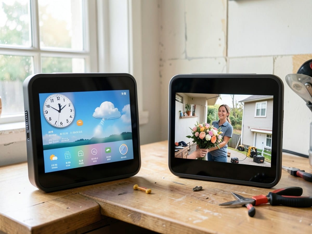 Two smart speakers display different content: one shows a clock and weather, while the other features a photo of a person holding flowers.