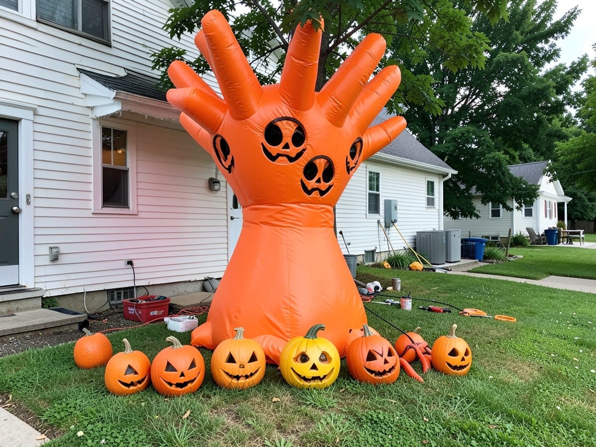 large orange inflatable ghost tree with carved faces stands near a white house, accompanied by six carved pumpkins on a green lawn.