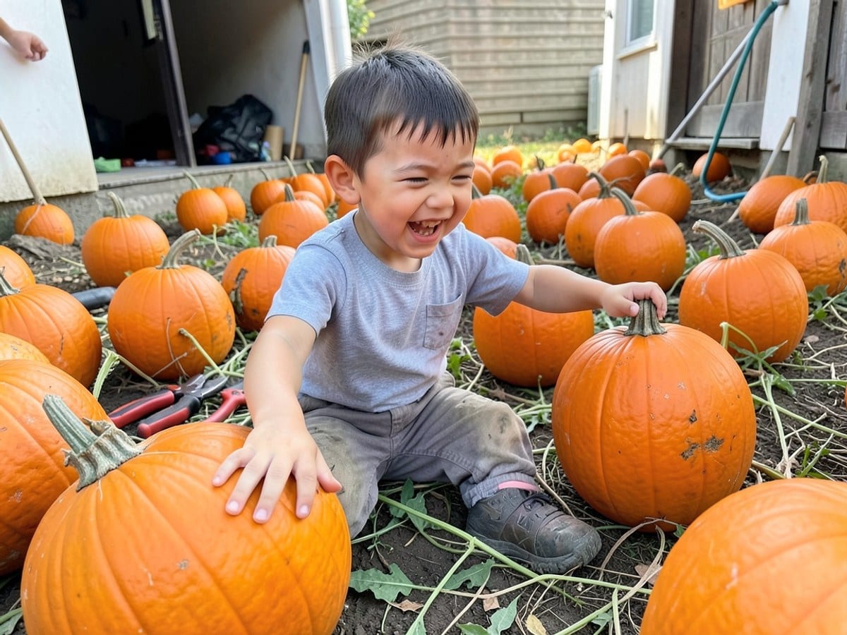 young boy sits amidst a field of orange pumpkins, his laughter echoing as he reaches out to touch one, his face lit up with a broad smile.