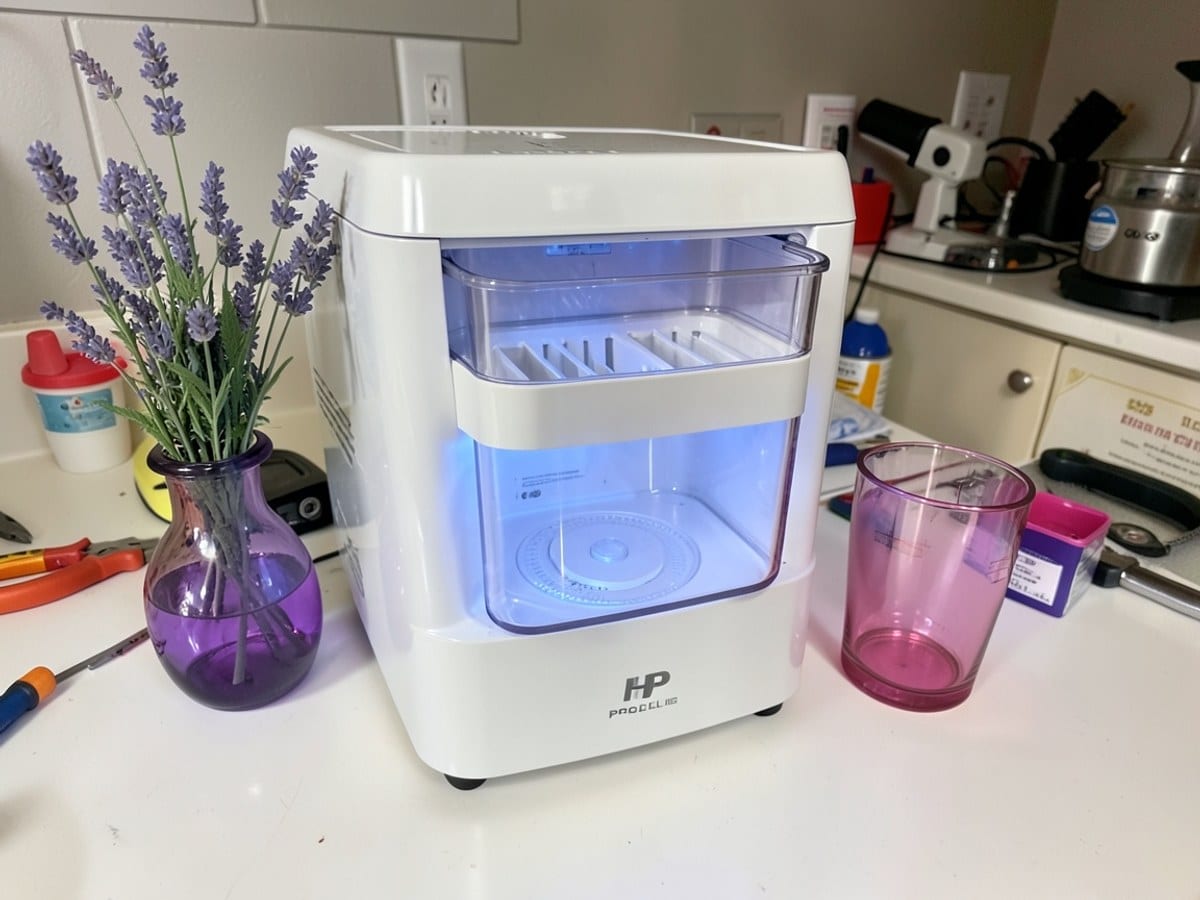 HP Profile ice maker, with a transparent container and blue light, sits on a white countertop, accompanied by a purple glass vase with a lavender sprig and a pink tumbler.