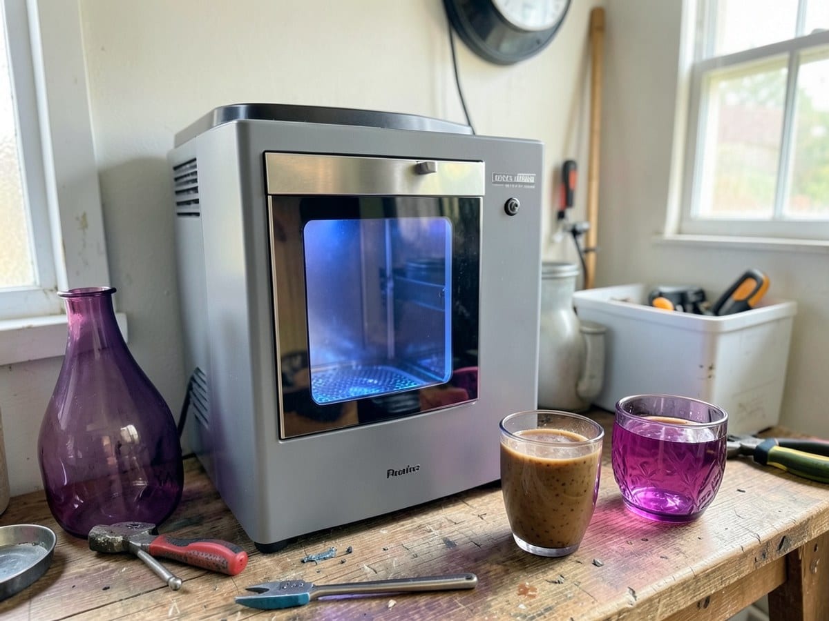 gray Profile ice maker, with a glass window and blue light, is accompanied by purple glass vases and two cups of coffee or blended drinks.