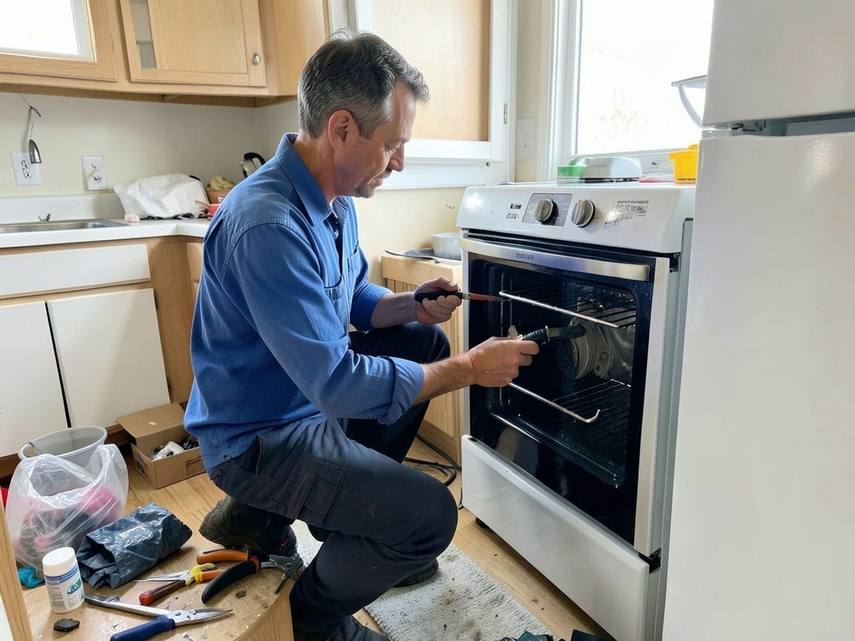 man in a blue shirt, identified as a repairman, works on a kitchen oven, holding tools and surrounded by repair materials.
