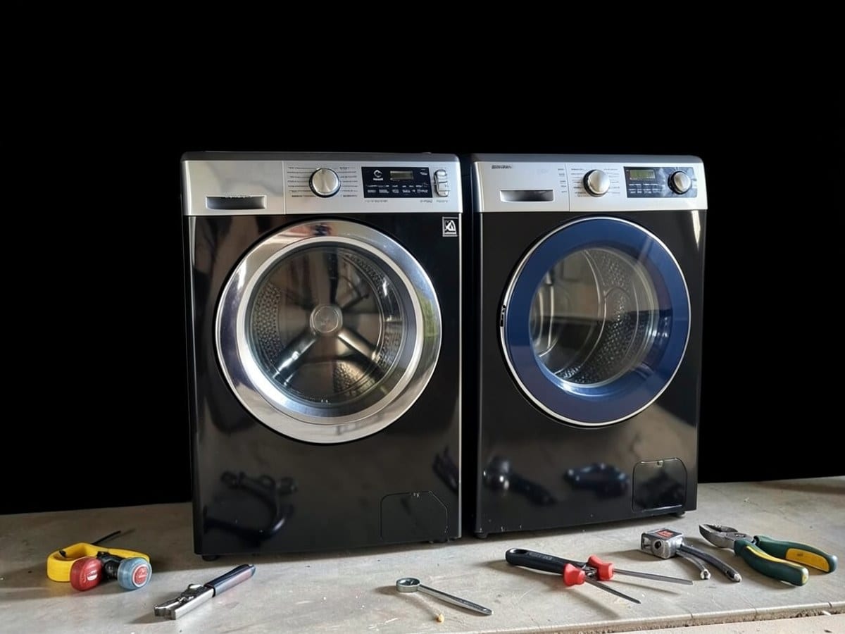 sleek black front-loading washing machine and dryer, with silver accents and blue accents, are set against a black background.