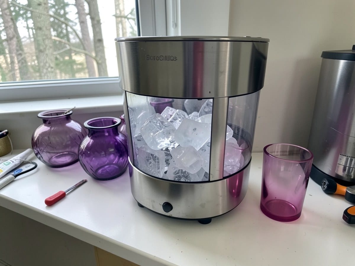 stainless steel ice maker with a transparent container filled with ice sits on a white countertop, accompanied by purple glass vases and a pink tumbler.