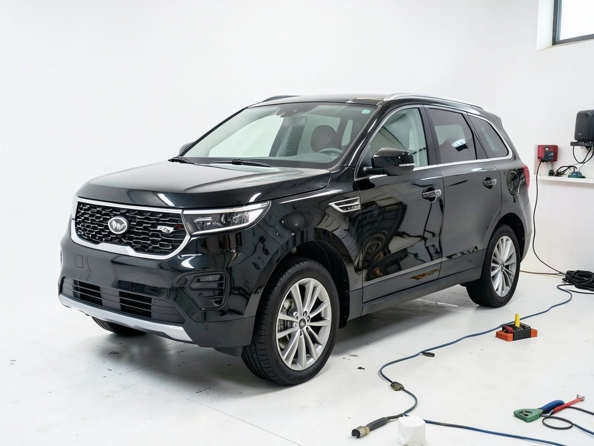 black Kia Bedford SUV with silver grille and rims is positioned in a studio against a white background, showcasing its sleek and modern design.
