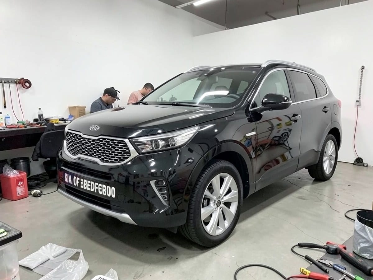 black Kia SUV with silver grille and wheels, "KIA OF BEDFORD", and contact number (440) 735-4000, is parked in a showroom with a white background.