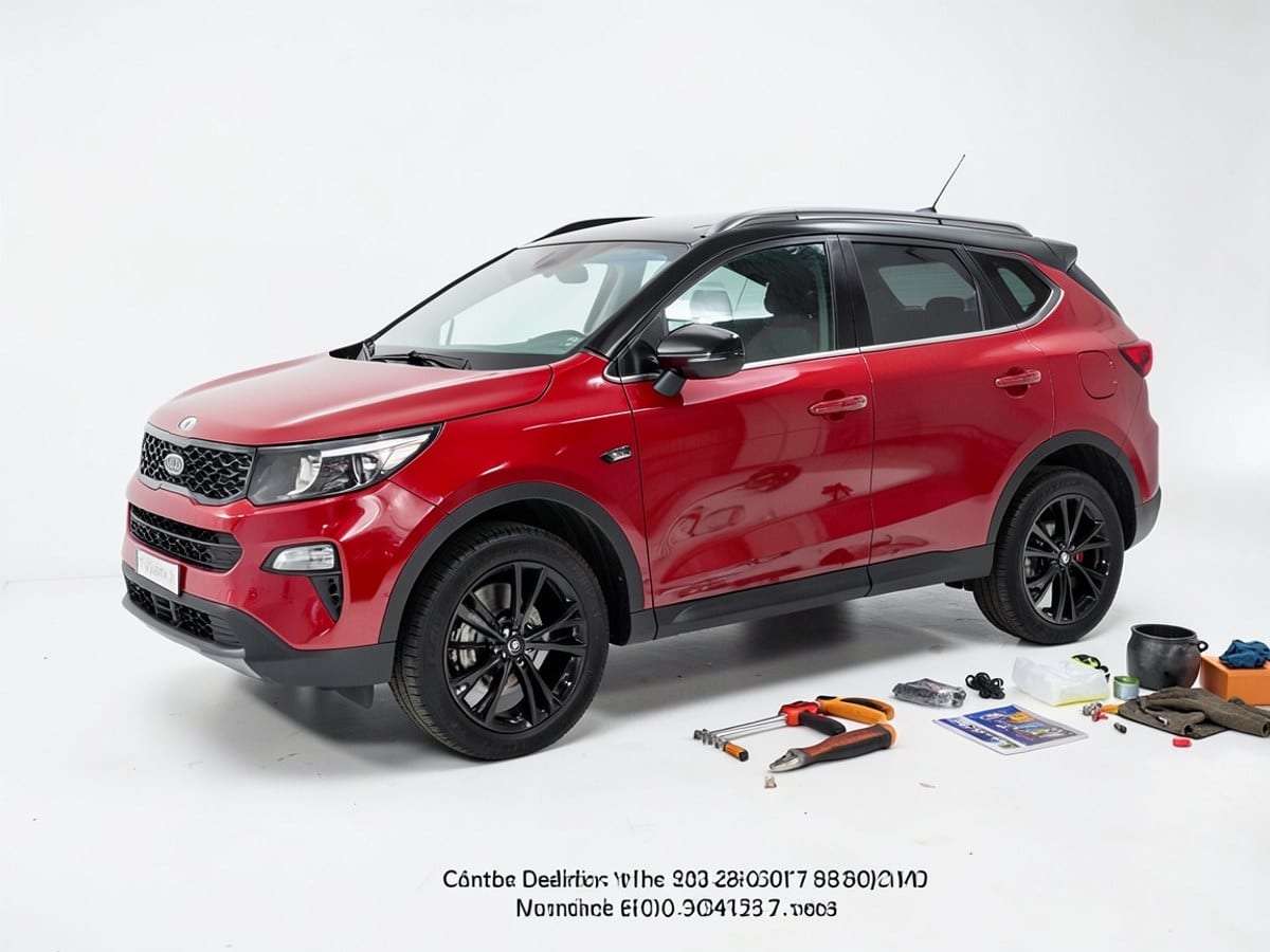 red Kia SUV with black roof and rims is parked on a clean white background, accompanied by contact information for the dealership.