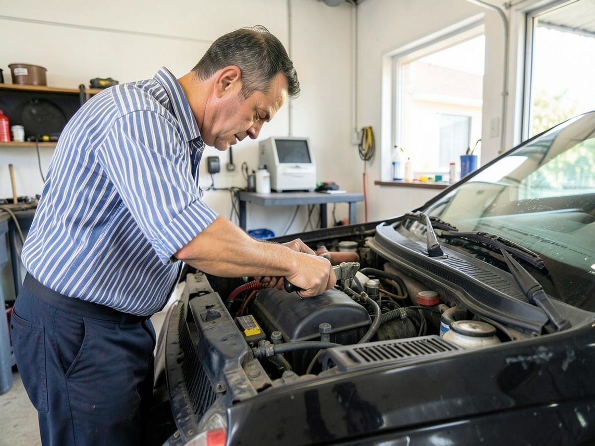 blue and white striped shirt-clad mechanic uses a tool to test the engine of a black car in a well-lit garage.