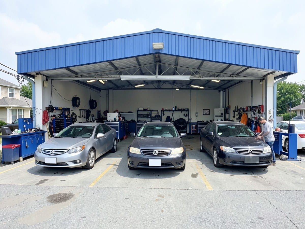 spacious car repair shop, with three parked cars and organized equipment, offers a range of services under a blue-roofed building.