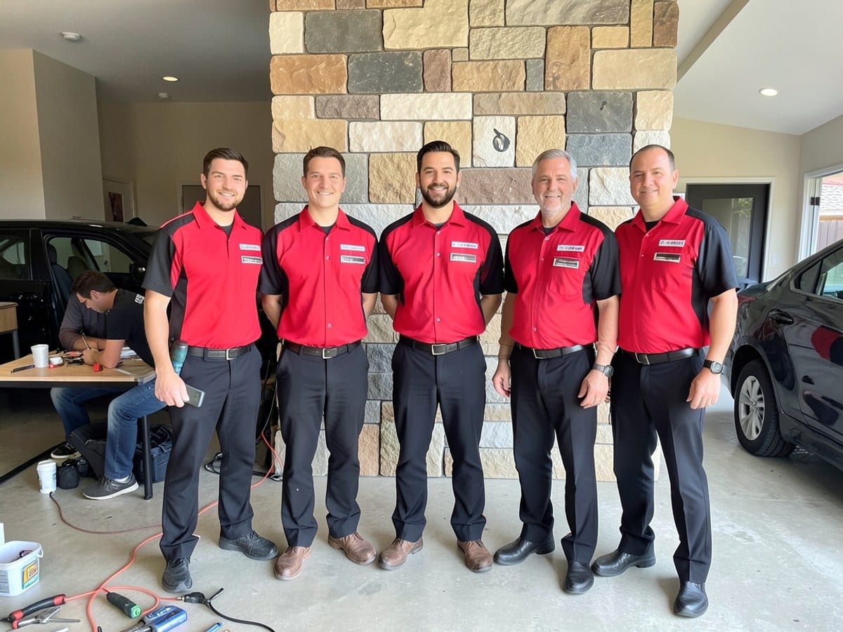 Six men in red and black uniforms, with name tags, stand in front of a stone wall in a building's lobby.