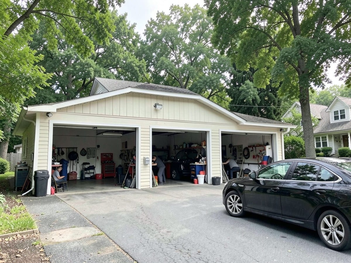 spacious car repair shop, with three garage doors revealing workspaces, offers free service and a 24/7 emergency response, nestled amidst trees in a residential area.