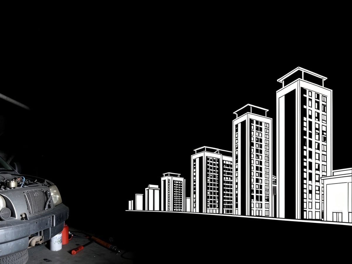 minimalist black and white line drawing features the shape of a city skyline, composed of tall buildings with flat roofs, positioned on the right side against a black background.