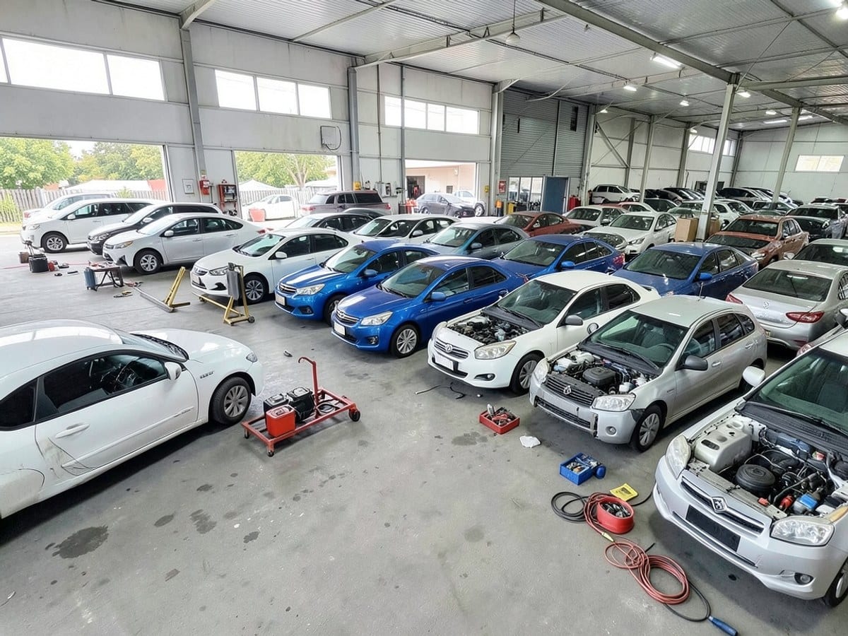 row of pristine white, blue, and silver cars, arranged in a meticulous order, creates an illusion of depth in a spacious car dealership lot.