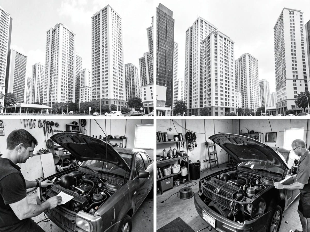 city skyline, rendered in black and white, features tall buildings arranged in a repeating pattern, creating a sense of depth and perspective.