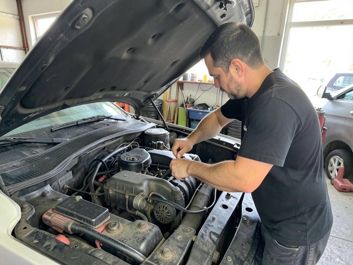 person inspects a car's engine in a garage, using a tool to adjust a component within the open hood.