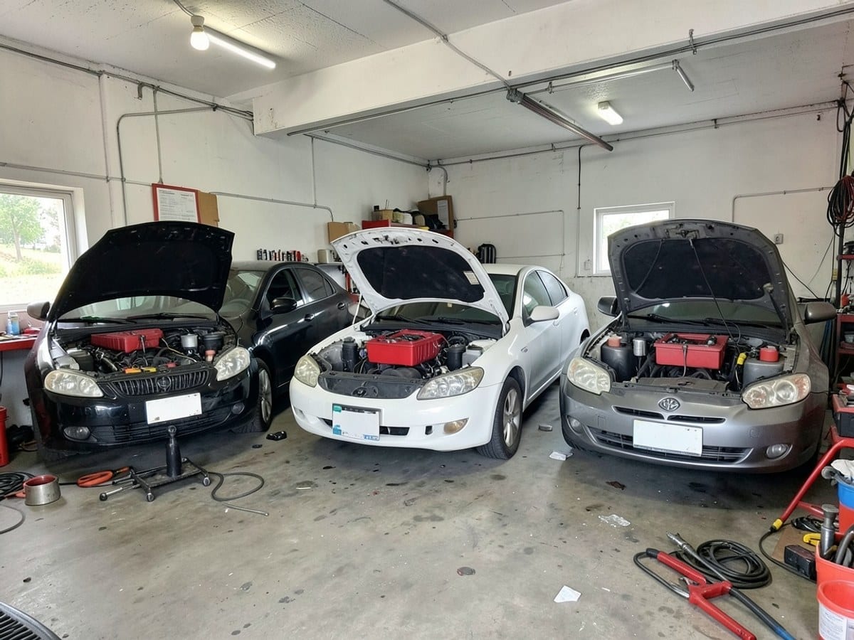 Three cars (black, white, gray) with open hoods and red tool chests are parked in a garage, undergoing maintenance.