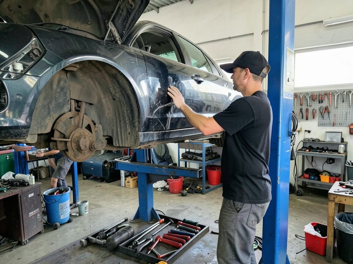 mechanic in a black shirt and baseball cap inspects a car raised on a hydraulic lift in a bustling garage.