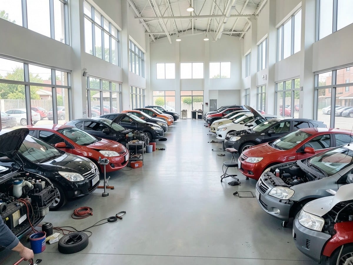 spacious car showroom with high ceilings, clean floors, and large windows features rows of cars in various colors, parked in an organized manner.