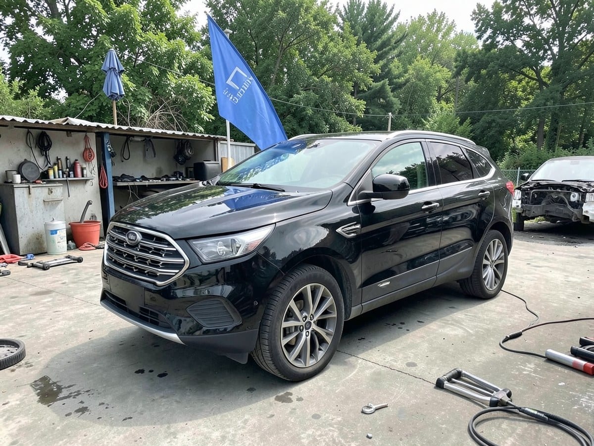 black Ford Model S Crossover with silver grille and rims is parked on a concrete surface, facing left, with a blue flag and trees in the background.