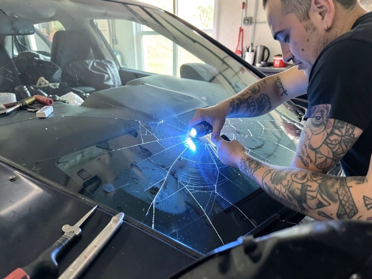 tattooed individual uses a flashlight to inspect a car's windshield, highlighting any scratches or cracks with a blue light.