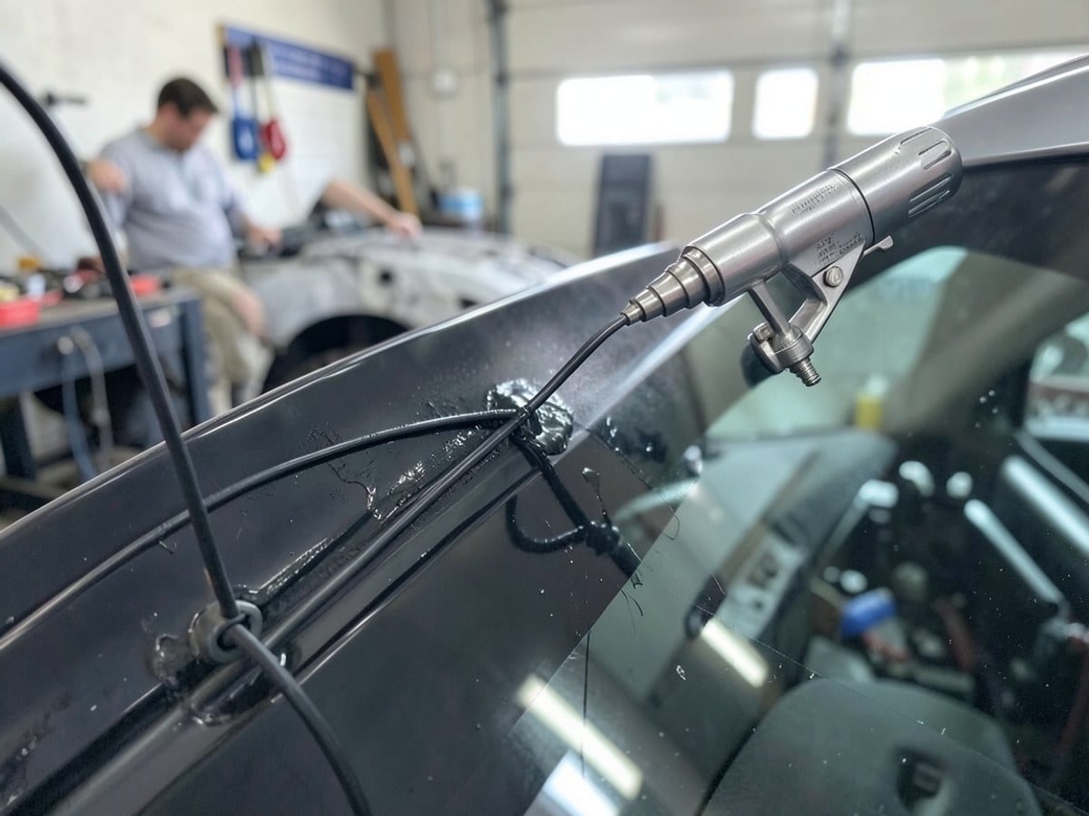 silver spray gun applies adhesive to the dark frame of a car's windshield, held in place by a black wire, with a blurred garage visible in the background.