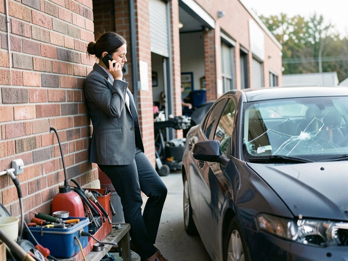 woman in a gray blazer leans against a brick building, conversing on her cell phone while a car with a cracked windshield passes by.