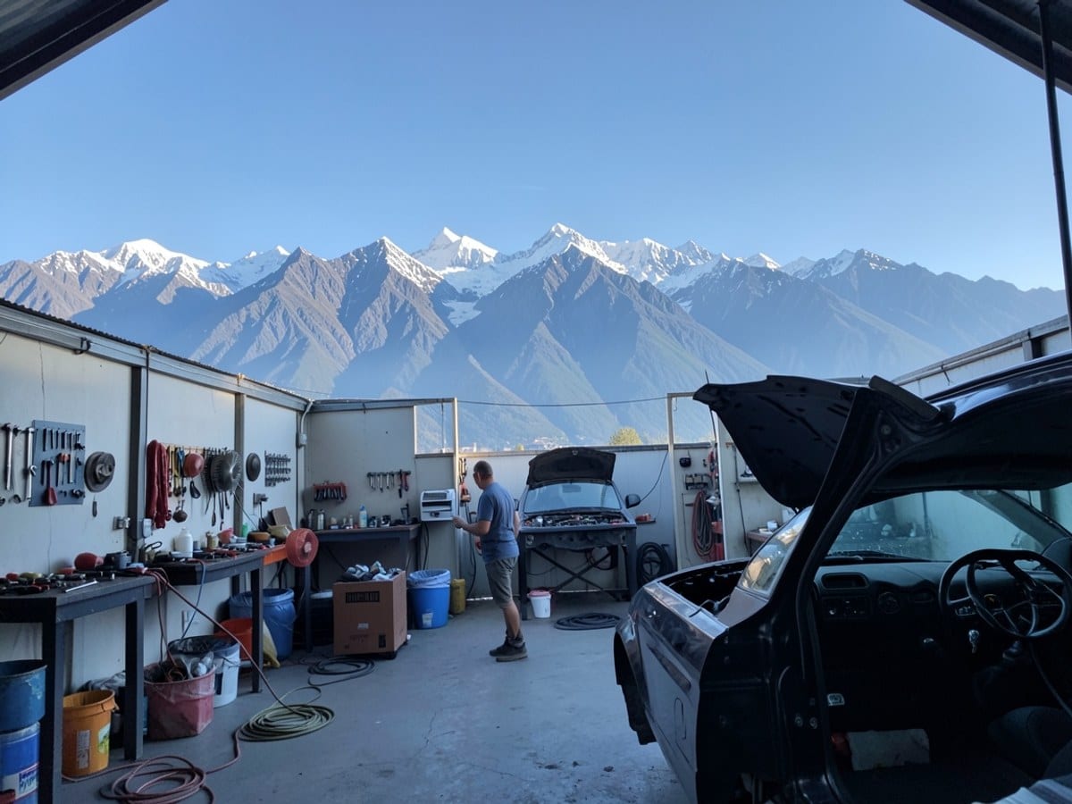 majestic mountain range, bathed in shades of blue, stretches across the horizon, with snow-capped peaks and a serene blue sky.