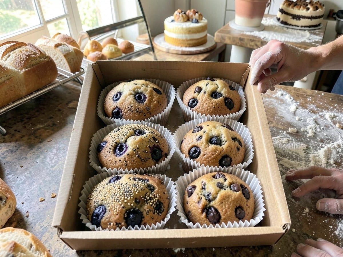 box of six muffins, including blueberry, poppy seed, and chocolate chip varieties, is arranged in three rows within white paper liners.