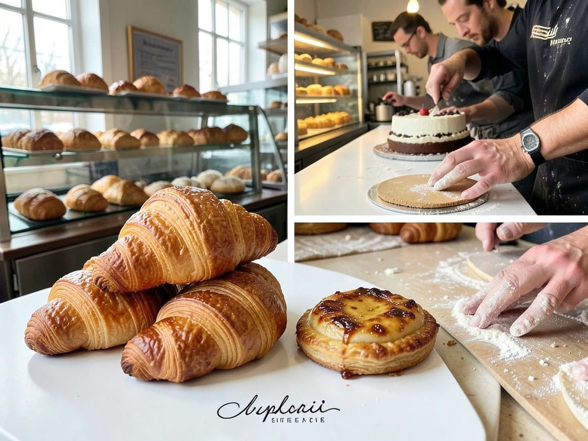 stack of golden brown croissants and a single flaky pastry with caramelized top are arranged on a white surface, accompanied by the client's branding.