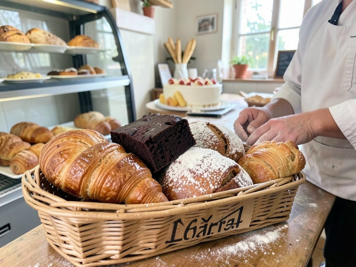 basket holds four pastries: a golden-brown croissant, a chocolate brownie, a sugar-dusted cake, and a flaky pastry, accompanied by the client's branding.