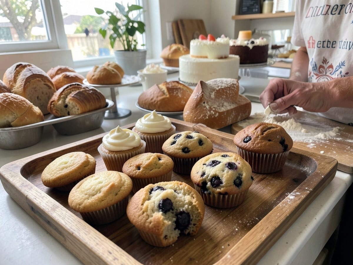 wooden tray holds an assortment of baked goods, including golden brown cookies, cream-topped muffins, cinnamon scones, and a blueberry scone.