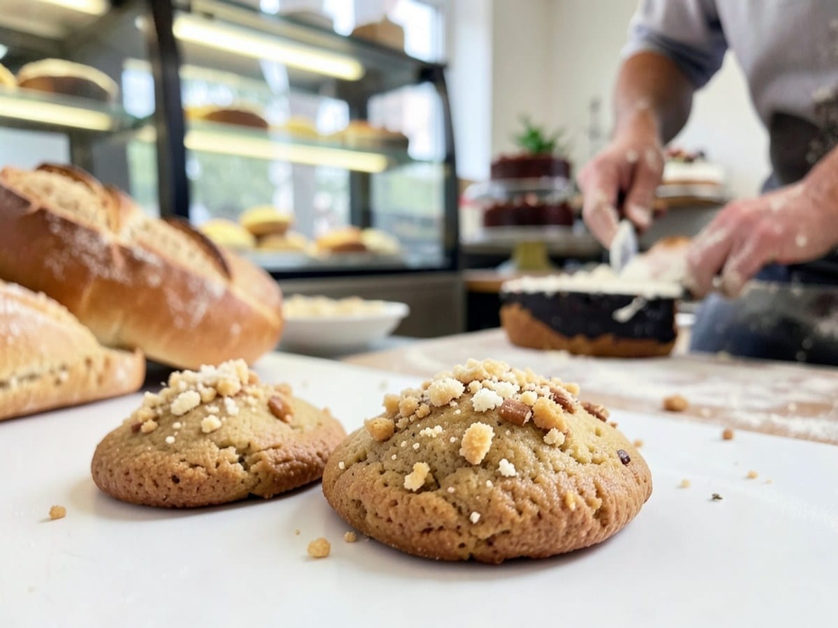 Three golden brown cookies, topped with crumbled toppings, rest on a white surface, with one in sharp focus and two slightly blurred in the background.