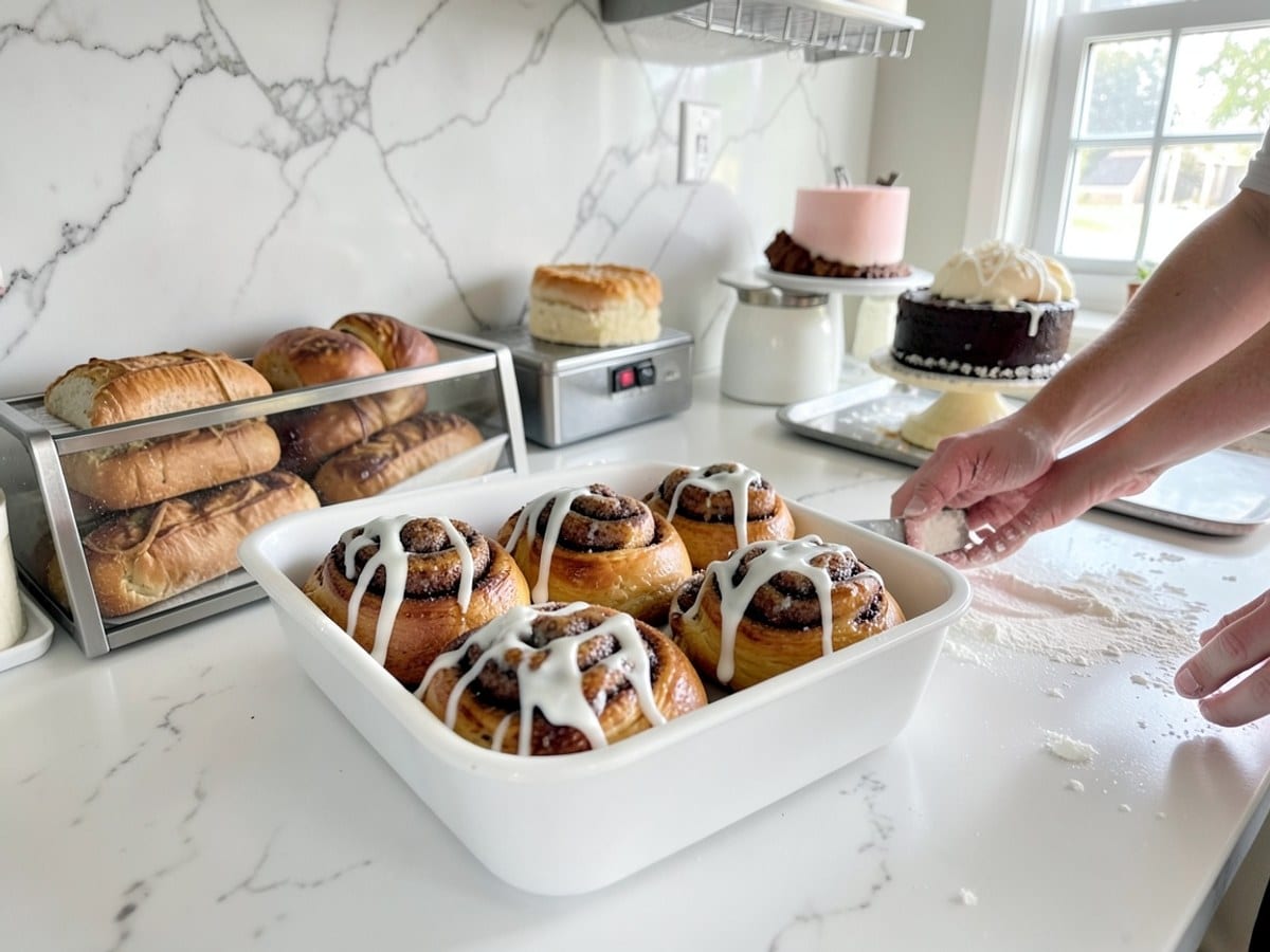 white baking dish holds six golden brown cinnamon rolls, drizzled with white glaze on a white countertop with a white marble backsplash.