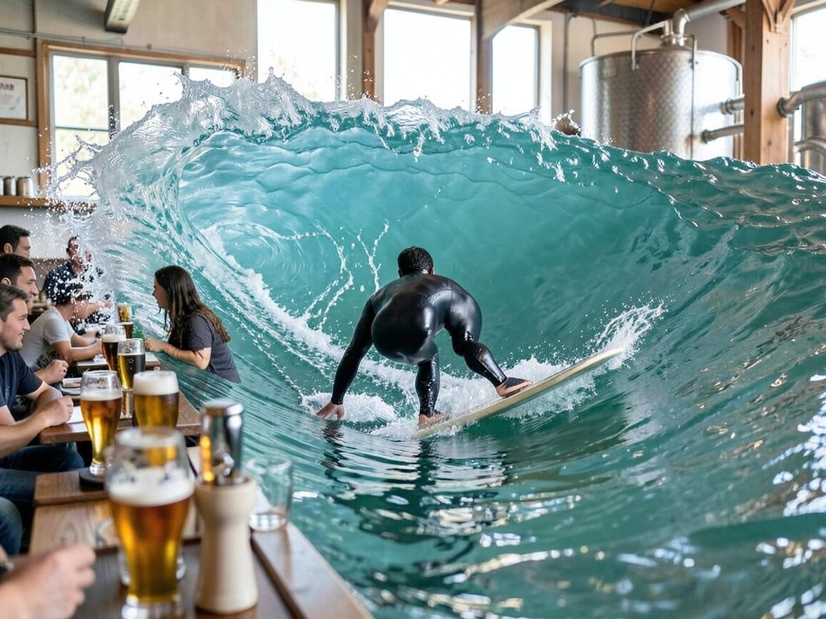 surfer in a black wetsuit skillfully rides a towering blue-green wave, crouched low on a surfboard for balance amidst the surfer's determination.