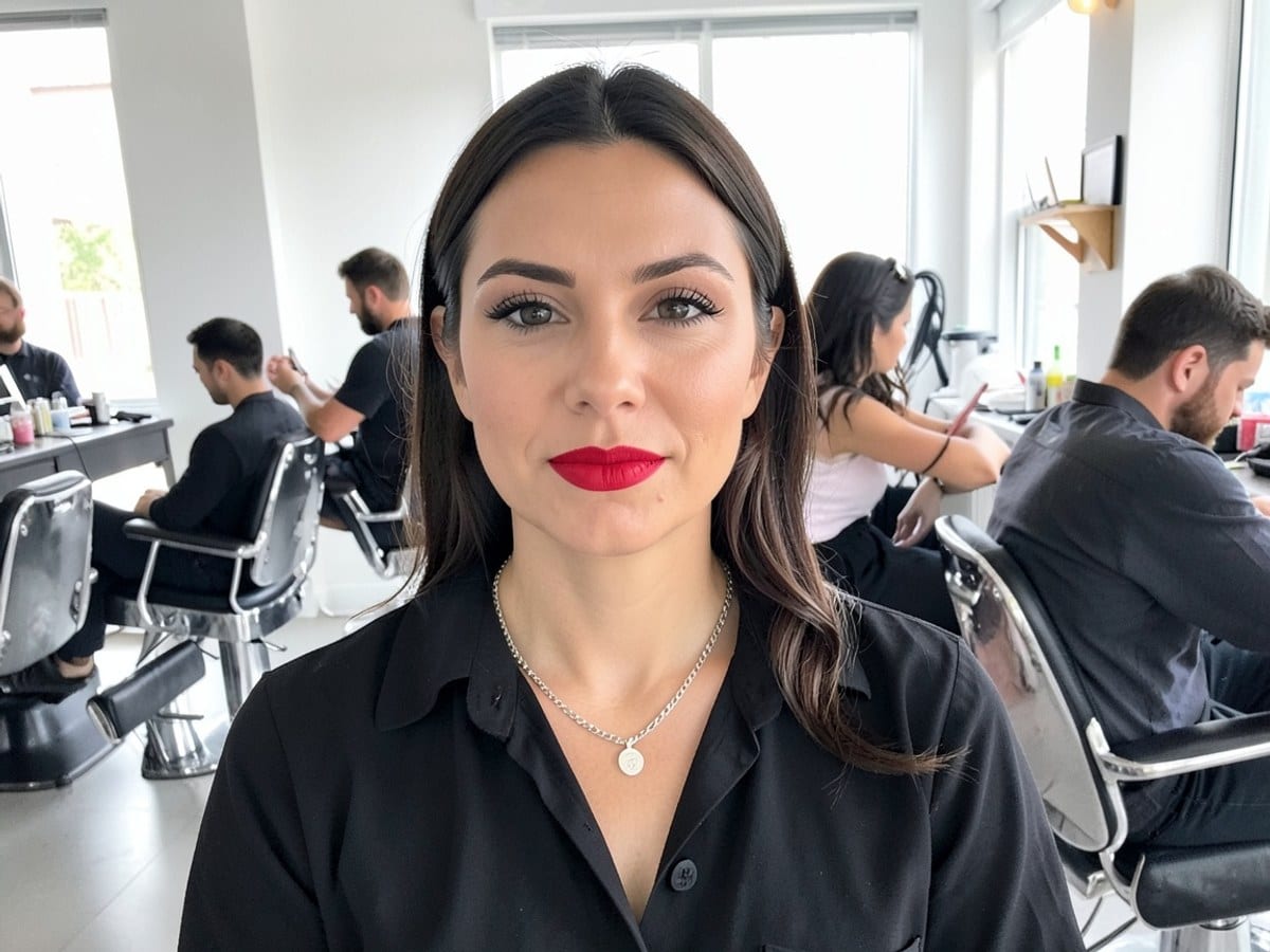 woman in a black blouse, with a silver necklace and vibrant red lipstick, gazes directly at the camera against a white background.