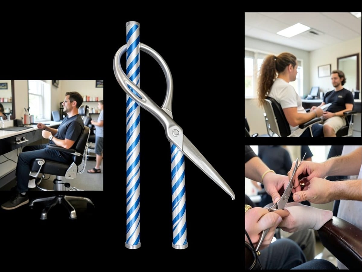 silver barber pole with blue and white stripes and silver scissors rests against a black background, evoking a classic barber shop atmosphere.