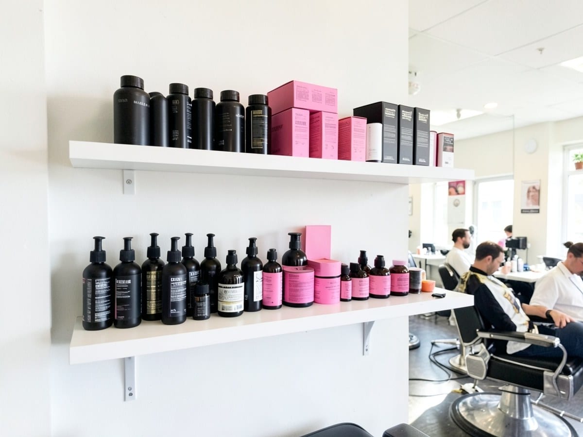 white shelf against a white wall displays an organized collection of black and pink bottles, jars, and boxes.