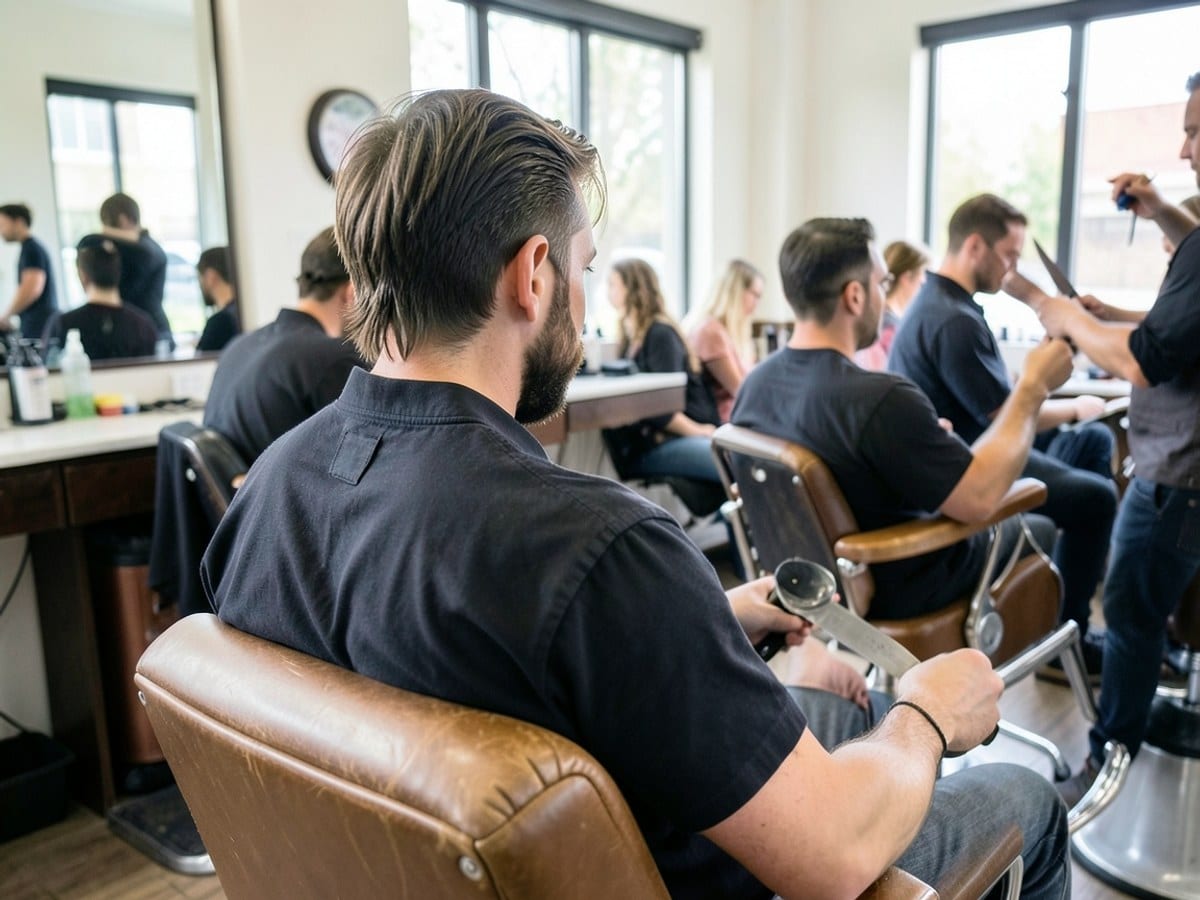 man with a side-swept mullet hairstyle and beard sits in a brown leather barber chair, facing away from the camera in a barbershop setting.