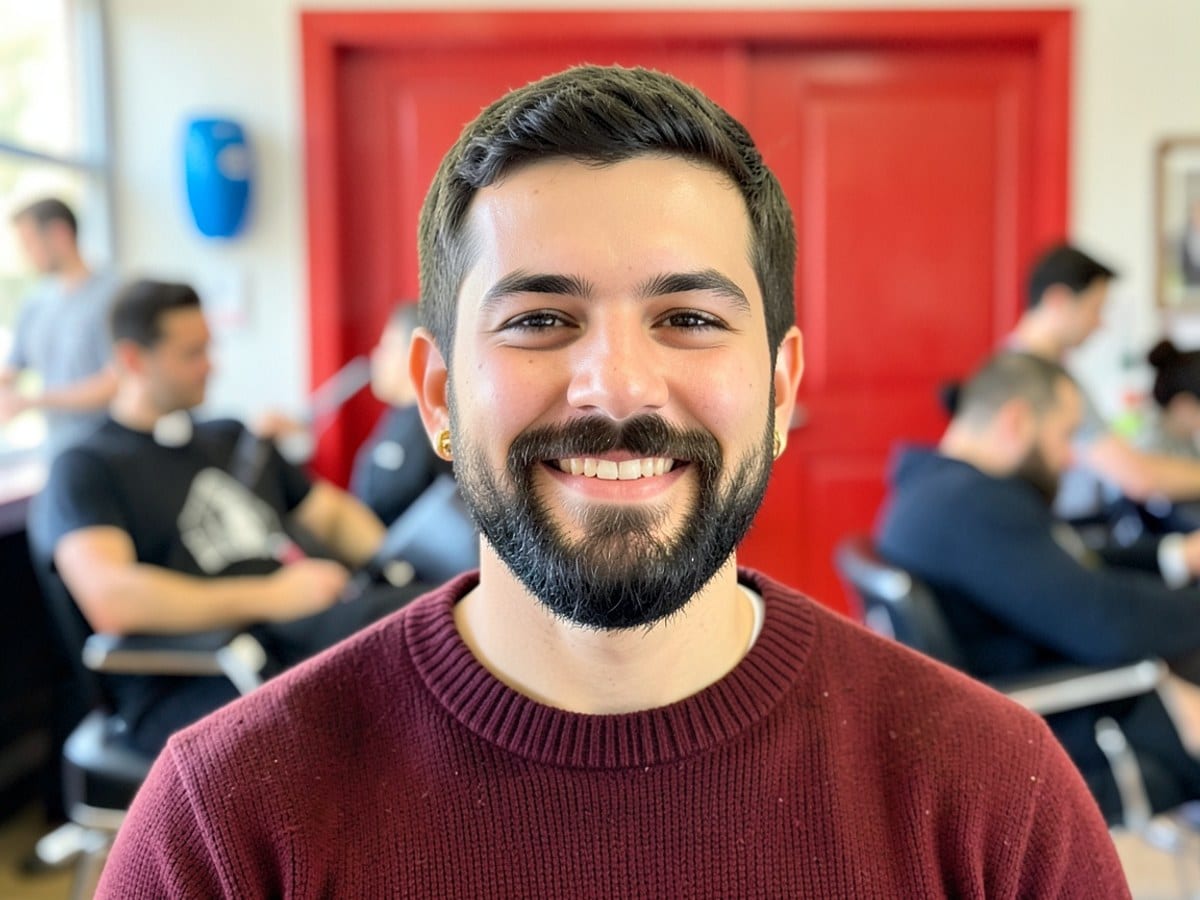 young man with a beard, gold earrings, and a maroon sweater smiles confidently against a blurred backdrop of a red door and a blue object.