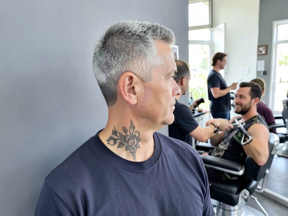 person with short, textured gray hair and a tattoo of the client's branding on their neck stands against a plain gray wall.