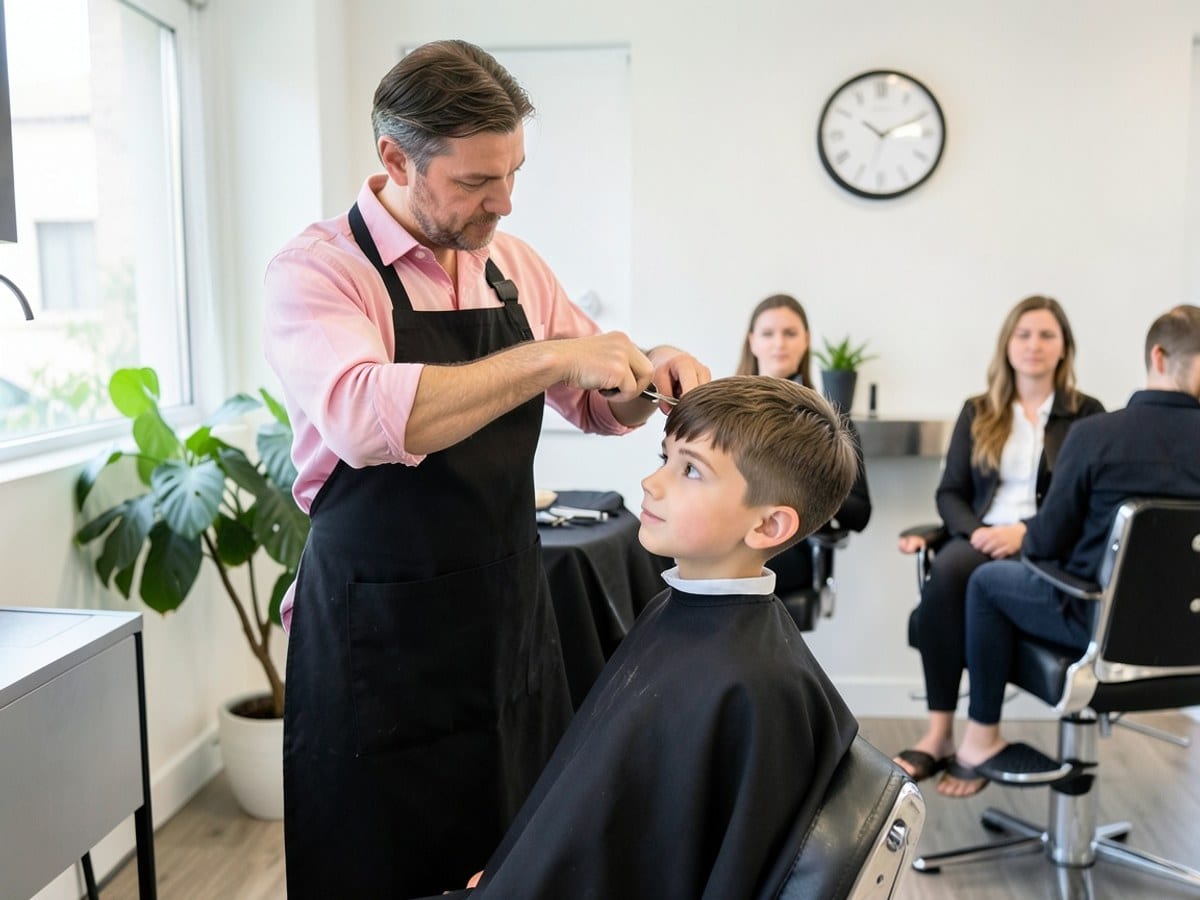 barber in a pink shirt and black apron cuts the hair of a young boy in a clean, modern barbershop, with plants and a clock on the wall.