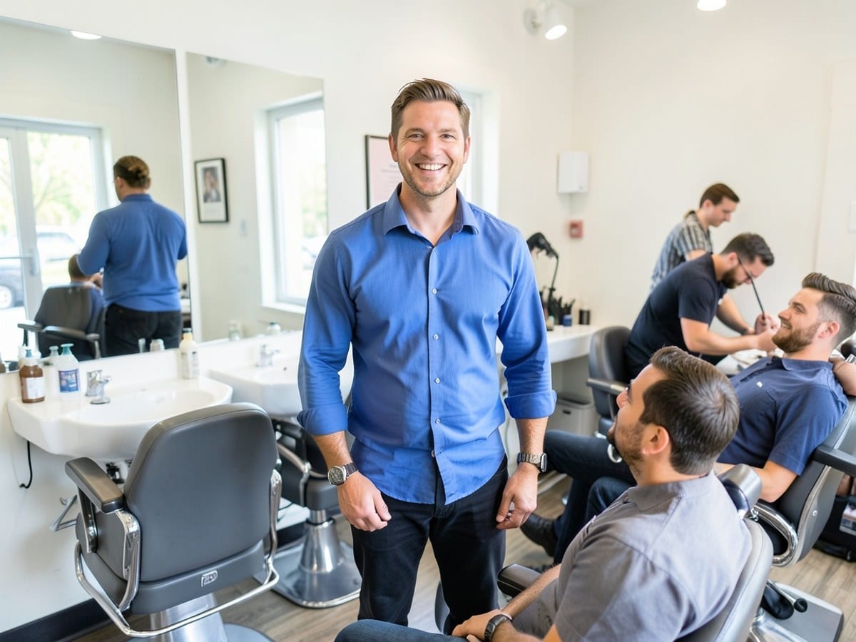 man in a blue shirt, smiling at the camera, stands in a clean barber shop with a chair, sink, and mirror, while a client is visible in the mirror.