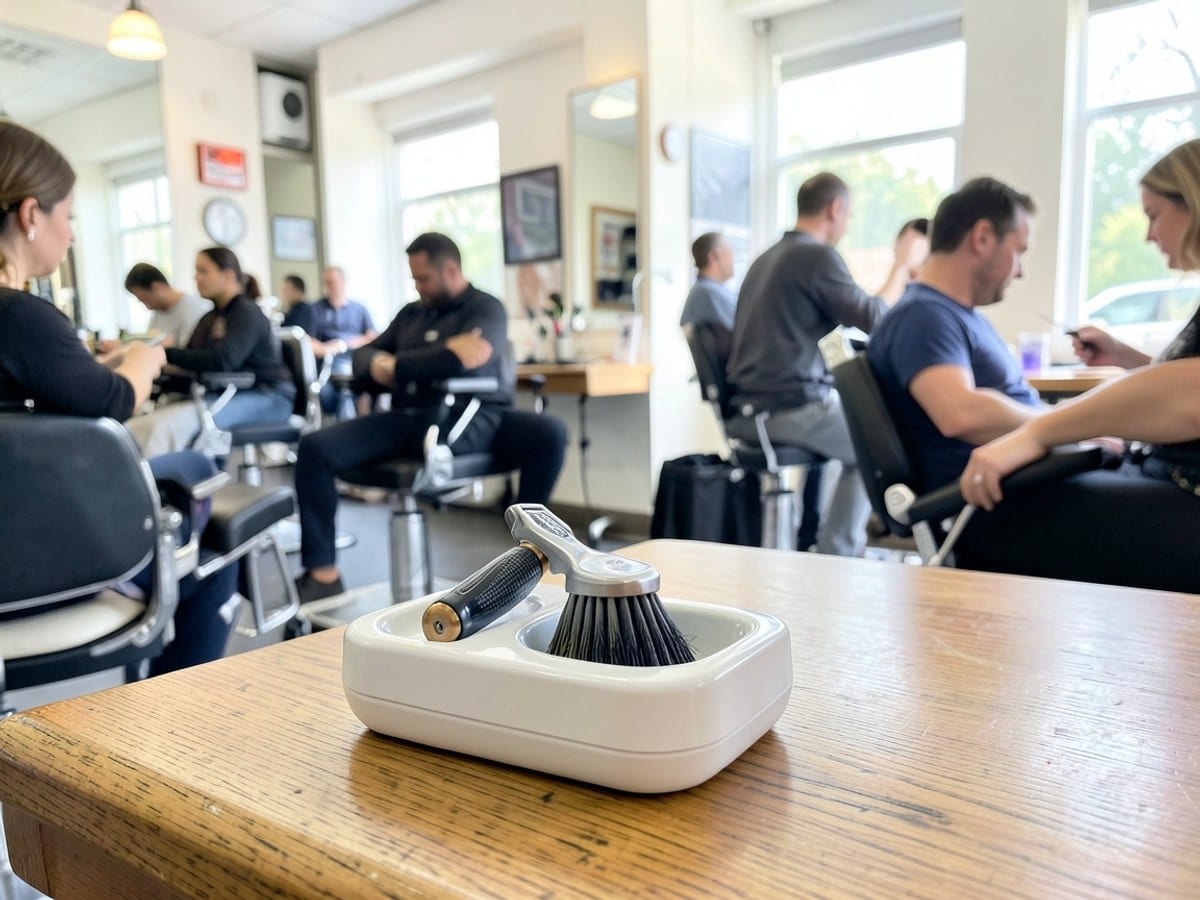 shaving kit, including a razor, brush, and soap dish, rests on a wooden surface, ready for use.