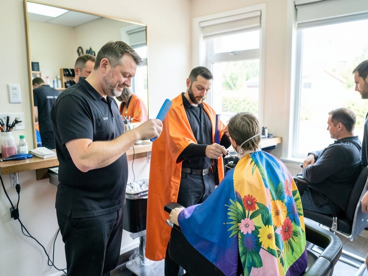 Two men prepare for a haircut in a salon, reflected in a mirror, with one holding a blue comb and the other wearing a colorful cape.