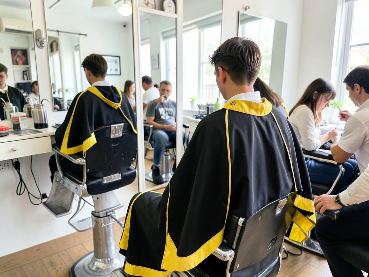 young man sits in a barber's chair, draped in a black and yellow cape with gold accents, while a mirror reflects his image and the interior of the barber's shop.