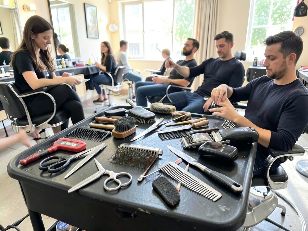 black barber's counter displays a collection of grooming tools and accessories, including scissors, combs, brushes, and a hair clipper.