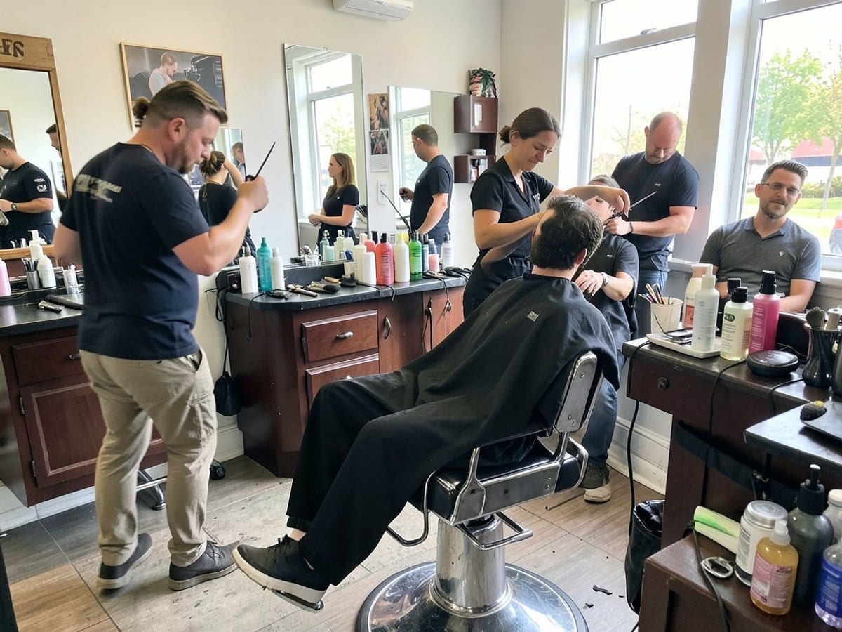 bustling barber shop features a groom in motion, while a customer sits comfortably in a chair, receiving a haircut amidst an array of grooming and personal care products.